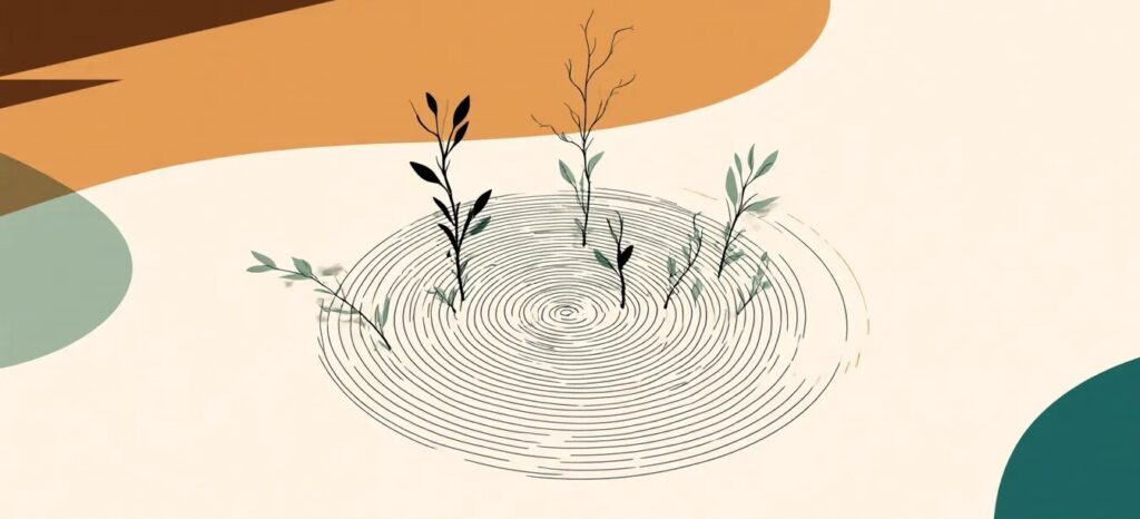 Minimalist flat illustration showing an abstract spiral or gentle circular pattern made of thin black lines, gradually tightening toward the center, with small delicate branches or plant stems breaking through or growing out from the spiral. Color palette: black line art on cream/off-white background with warm tan, beige, and subtle sage green accents. Suggests cycle and growth beyond patterns. Clean, sophisticated, non-judgmental mood. Altus Rehab aesthetic with botanical hope elements. --flat design --minimal --ar 16:9