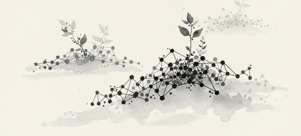 Flat illustration showing abstract constellation-like pattern of small connected dots or nodes with tiny plant sprigs or leaves growing from select points. Black line work on off-white background with warm tan and beige tones, subtle green accents. Suggests recognizing patterns with hope for growth. Clean, elegant, observant mood. Luxury wellness blog aesthetic