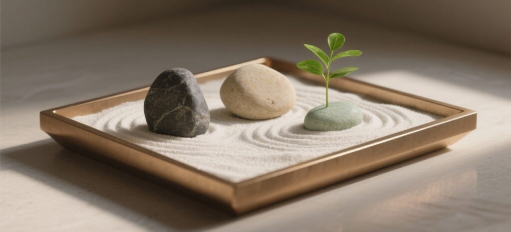 Highly detailed, photorealistic 3D render of a minimalist luxury concept. A collection of three small, smooth river stones, each with a unique, distinct shape and color (one dark slate, one light beige, one soft jade), are placed individually on a bed of finely raked white sand inside a minimalist, square, low-profile planter made of polished bronze. A single, vibrant green sprout is emerging from the sand next to the stones. The arrangement suggests a personal zen garden or self-reflection space. The scene is illuminated by soft, indirect light, emphasizing the textures of the stone, sand, and bronze. High-end, serene, and executive aesthetic.