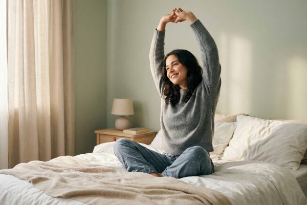 A young woman stretches comfortably after waking up.